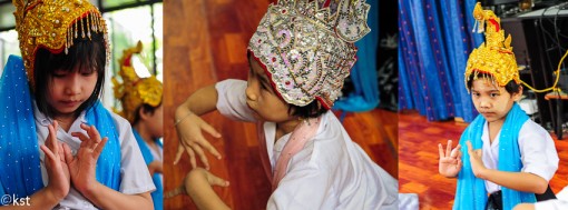 3 ten year old Mon kids practising a dance which they will perform at the 66th National Day celebration