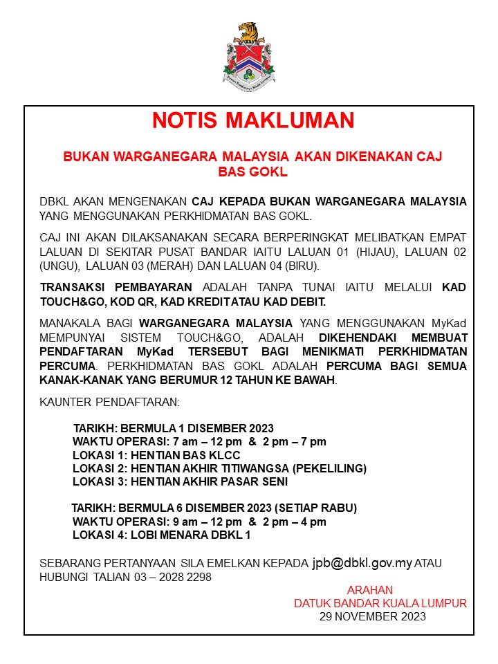 GoKL Bus: Free for Malaysians, fees for foreigners